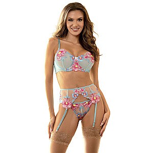 Subblime Flower Embroidered Bra And Garter Belt Set (Blue/Pink), krajková súprava s podväzkami