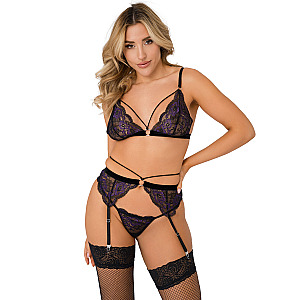Daring Intimates 3PC Lace Bra, Panty & Garter Set (Purple), čipková 3-dielna súprava S/M