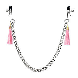 LoveToy Tassel Nipple Clamp with Chain Pink, ružové štipce na bradavky 14 cm