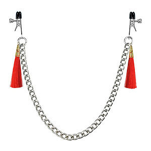 LoveToy Tassel Nipple Clamp with Chain Red, červené štipce na bradavky 14 cm