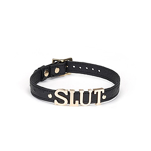 Liebe Seele Demons Kiss Black Leather Choker, kožený choker s písmenami slut