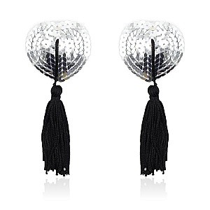 LATETOBED BDSM LINE Self-Adhesive Heart Sequin Nipple Cover with Tassel (Silver/Black), samolepiace krytky bradaviek