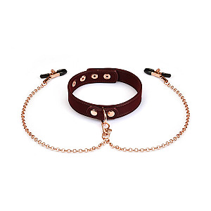 Liebe Seele Metallic Shade Burgundy Vegan Collar with Nipple Clamps, vegánsky obojok so svorkami